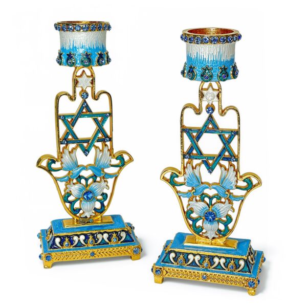 Handcrafted Jeweled Pomegranate Hamsa Shabbat Candlestick Holders set of 2