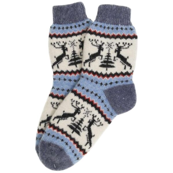 Reindeer Blue and White Women&#039;s Wool Socks in Size 23-25 / 8-9