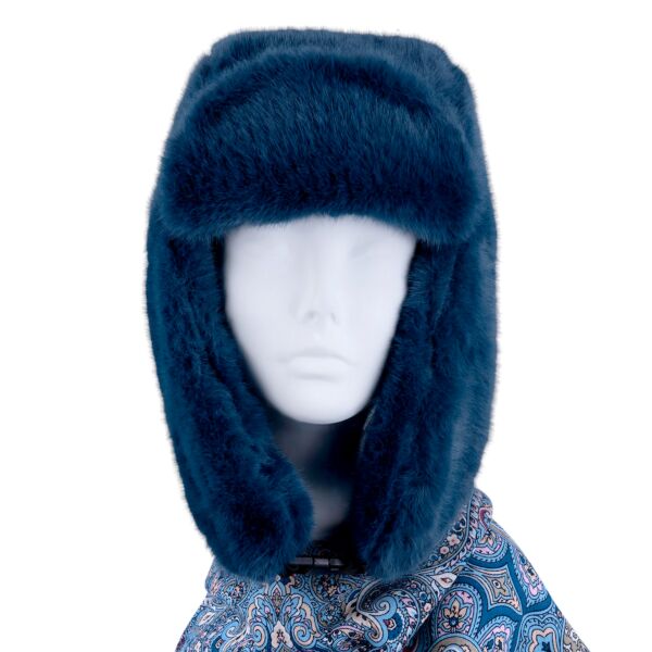 Dark Blue Faux Rabbit Fur Russian Ear Flap Hat with Clasp (Ushanka)