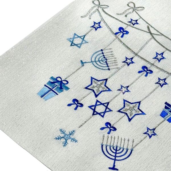 White Textile Table Runner with Blue Hanukkah Embroidery