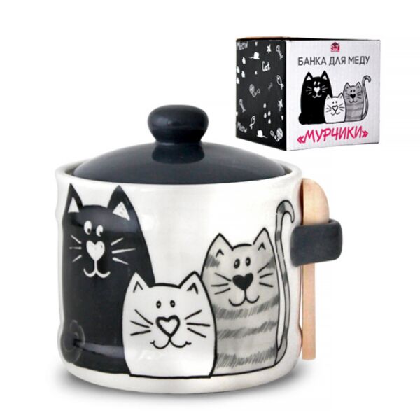 Kittens Ceramic Honey Jar with Lid and Wooden Spoon