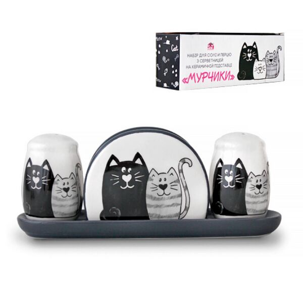 Kittens Ceramic Salt and Pepper Shaker with Napkin Holder  Tray