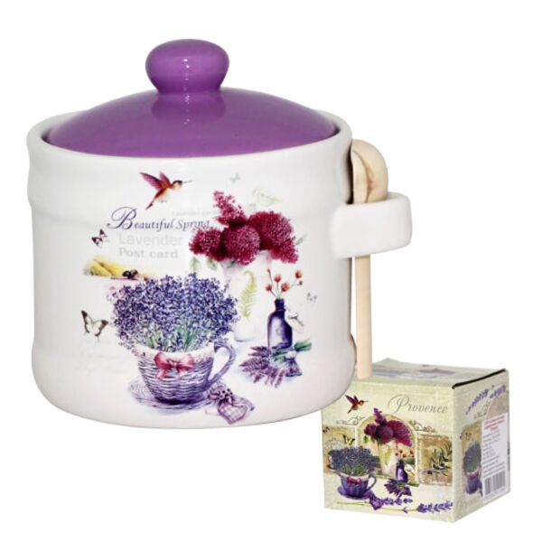 Provence Ceramic Honey Jar with Lid and Wooden Spoon