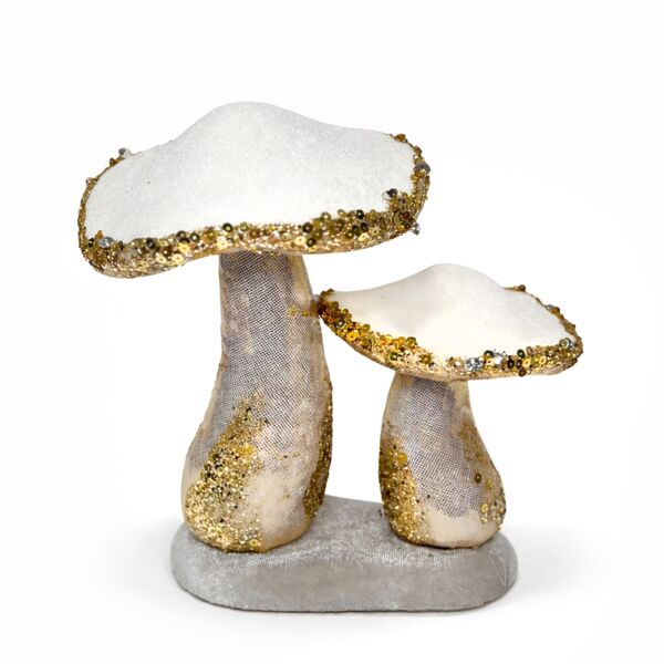 Frosted White and Gold Mushrooms Christmas Decoration