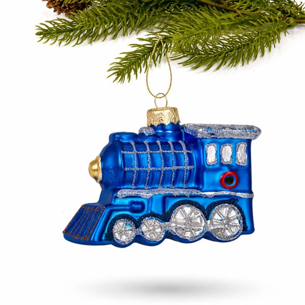 Blue Holiday Train Glass Christmas Tree Ornament