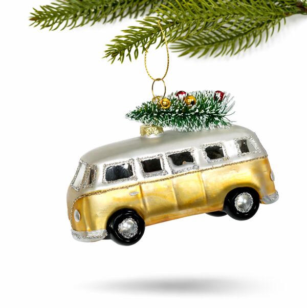 VW Bus with Tree Glass Christmas Tree Ornament