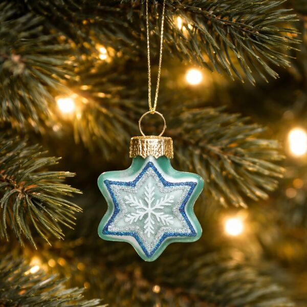 Teal Star of David Snowflake Glass Christmas Tree Ornament