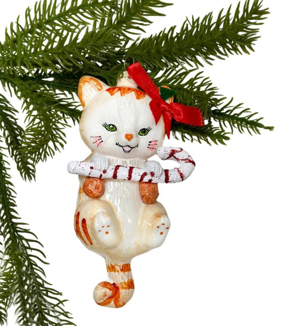 Cat with Candy Cane Glass Christmas Tree Ornament