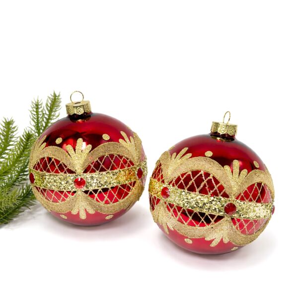 Festive Red and Gold Glass Ornament | 360° Holiday Design Set of 2
