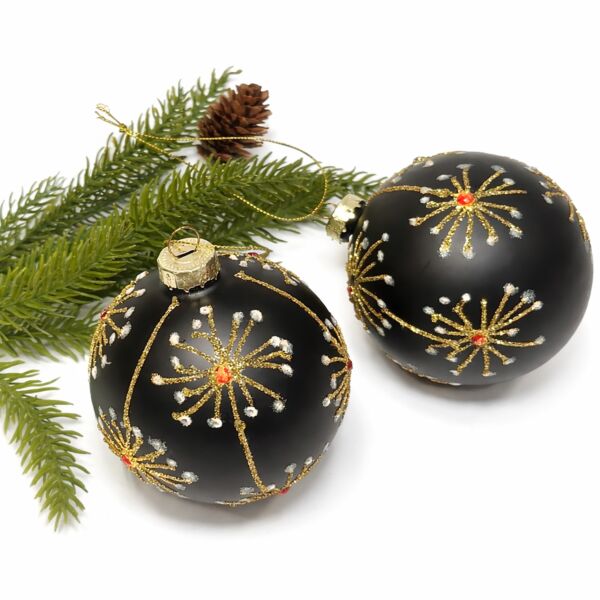 Black and Gold Fireworks Glass Christmas Ornament Set of 2| 360° Design 