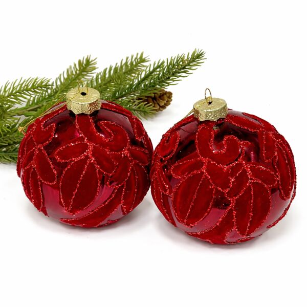 Velvet Leaves Deep Burgundy Glass Christmas Ornament | 360° Holiday Design Set of 2