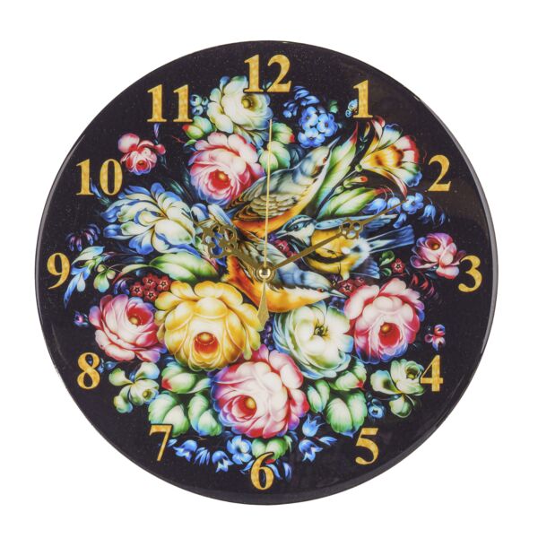 Classic Florals on Black Handmade Wooden Wall Clock