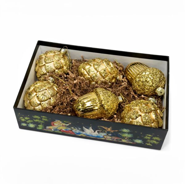 Frosted Golden Forest Glass Christmas Tree Ornament Set of 6