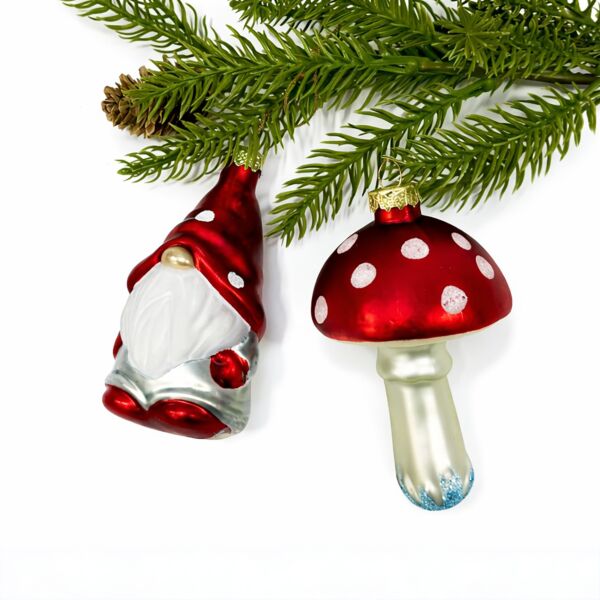 Woodland Gnome and Mushroom Christmas Tree Ornament Set of 2