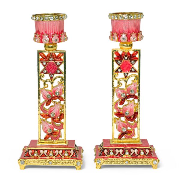 Handcrafted Jeweled Pink Pomegranate Shabbat Candlestick Holders set of 2
