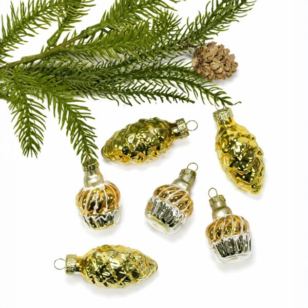 Golden Cones and Cupcakes Glass Christmas Tree Ornament Set of 6