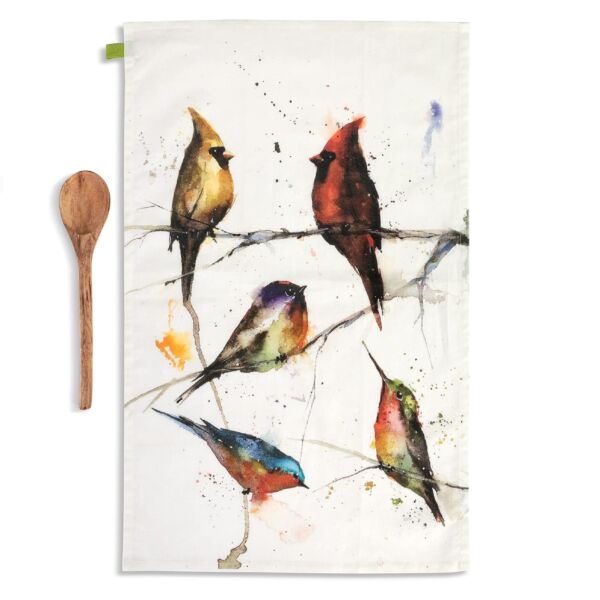 Birds in Tree Cotton Kitchen Towel and Wooden Spoon Set 