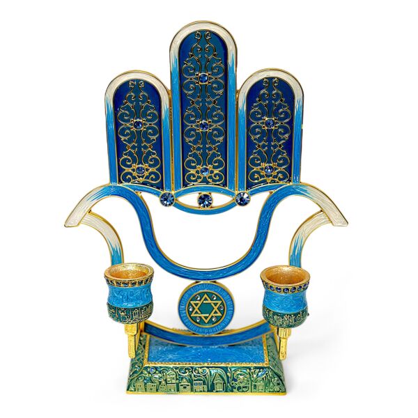 Handcrafted Jeweled Hamsa Shabbat Two-Candle Holder in Gift Box