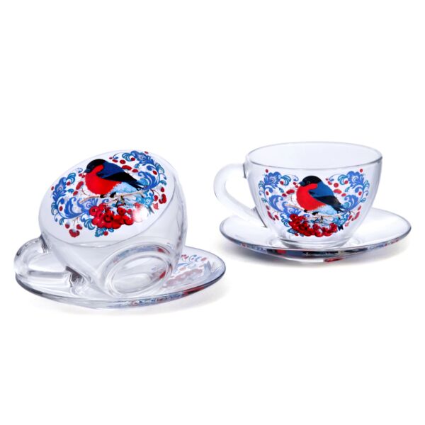 Bullfinches Glass Tea Cup and Saucer Set of 2