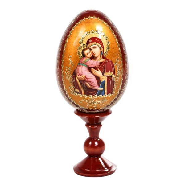 Our Lady of Vladimir Handmade Wooden Lacquer Icon Egg on Stand
