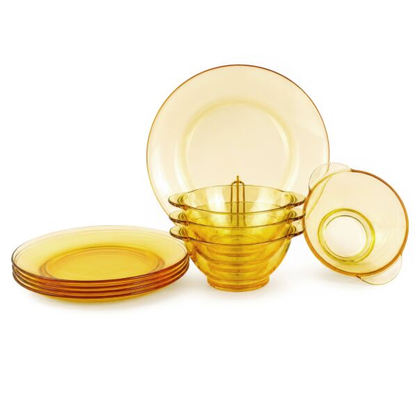 Borosilicate glass dessert plates and bowls, yellow color, Set of 8