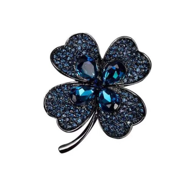 Blue Four Leaf Clover Rhinestone Brooch
