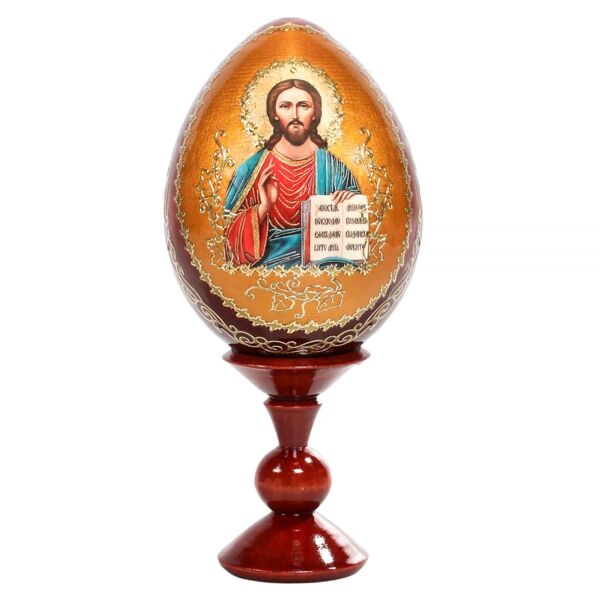 Christ Pantocrator Handmade Wooden Lacquer Egg on Stand