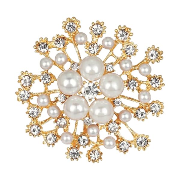 Golden Flower Enamel Rhinestone Brooch with Pearls