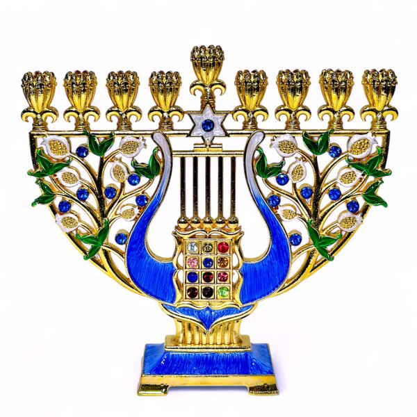 Handcrafted Jeweled Harp Hanukkah Menorah in Gift Box