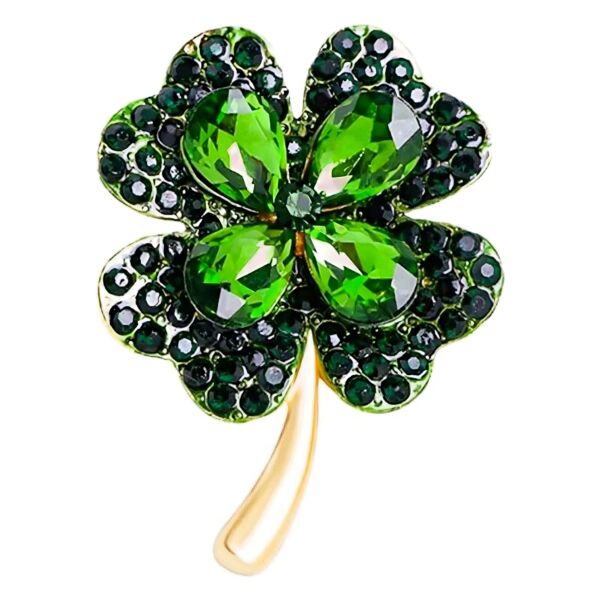 Green Crystal Four Leaf Clover Brooch