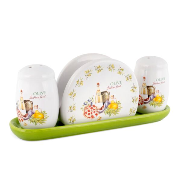 Italian Herbs Ceramic Salt and Pepper Shaker Set with Napkin Holder and Tray