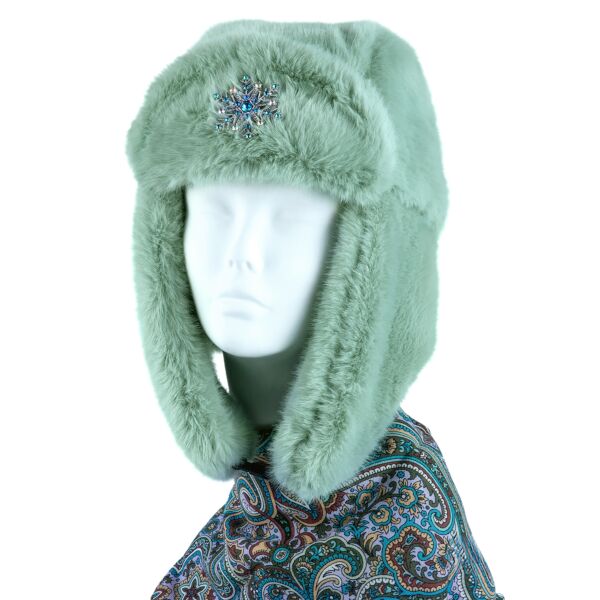 Mint Green Faux Rabbit Fur Ear Flap Hat with Clasp (Ushanka) with Brooch