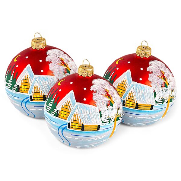 Christmas Village at Dusk — Hand-Painted Glass Ornament Set of 3