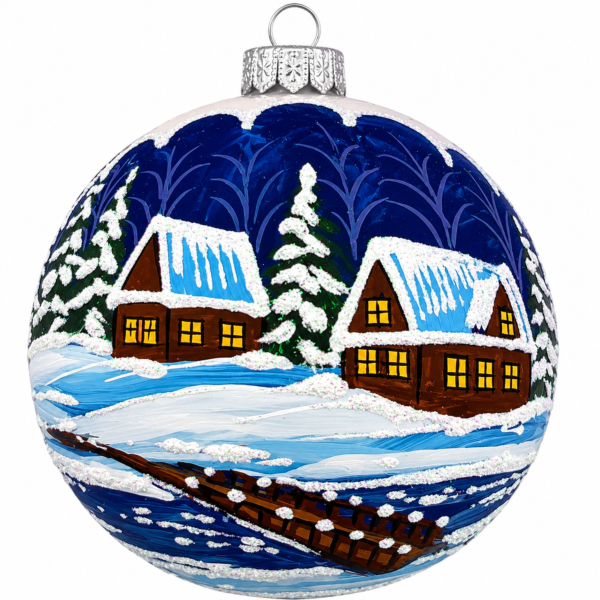 Christmas Village by the Bridge — Hand-Painted Glass Ornament