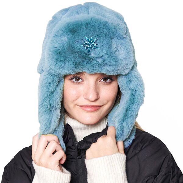 Tiffani Blue Faux Rabbit Fur Ear Flap Hat with Clasp (Ushanka) with Brooch