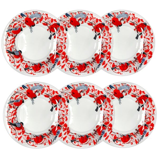 Bullfinches Winter Fun Glass Dessert Plate Set of 6