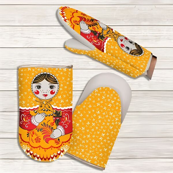 Nesting Doll Linen and Cotton Oven Mitt Khokhloma