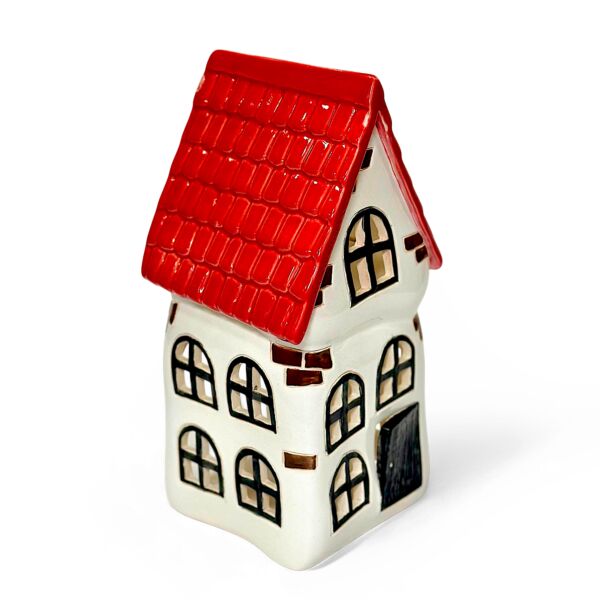 Christmas Village White Clay Candle House with Red Roof | Hand-Crafted