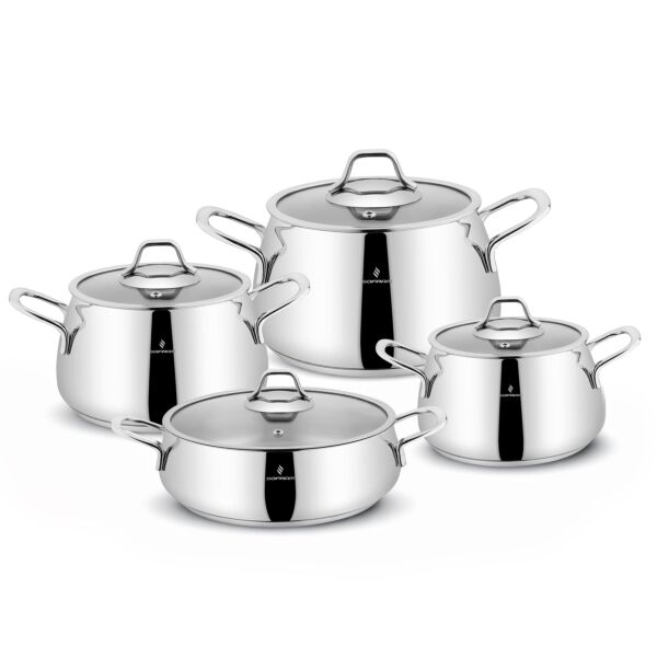 Venus Stainless Steel Casserole with Glass Lid 8-Piece Cookware Set