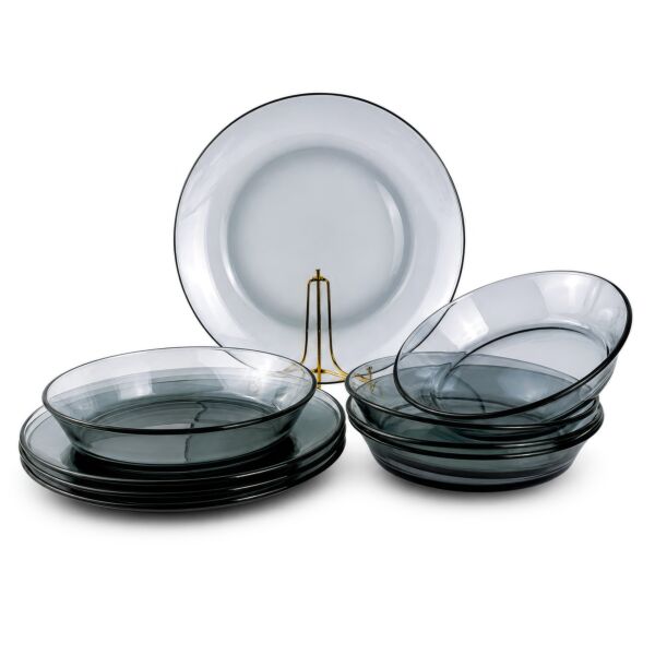 Borosilicate glass dessert and soup plates, grey color, Set of 8