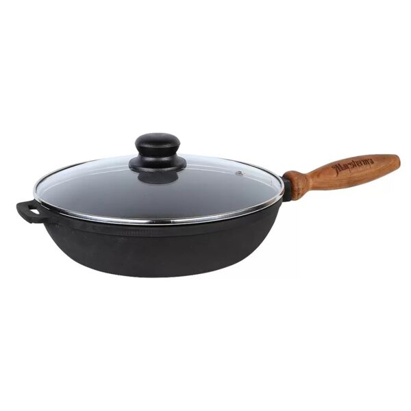 Cast Iron Pan Brazier with Wooden Handle and Glass Lid