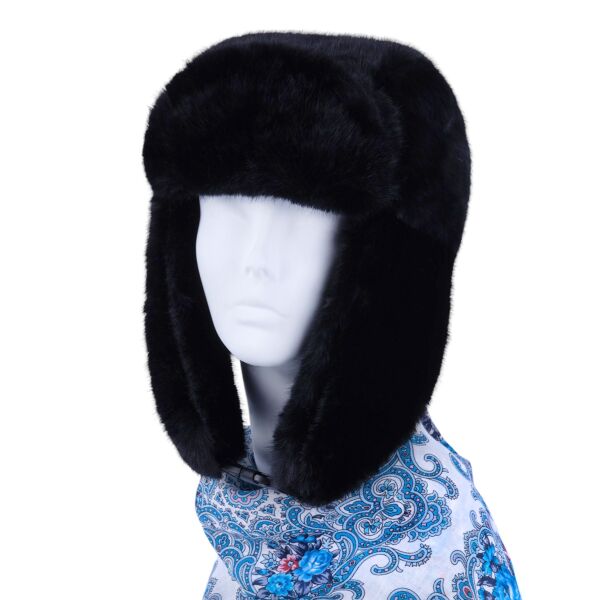 Black Faux Rabbit Fur Russian Ear Flap Hat with Clasp (Ushanka)