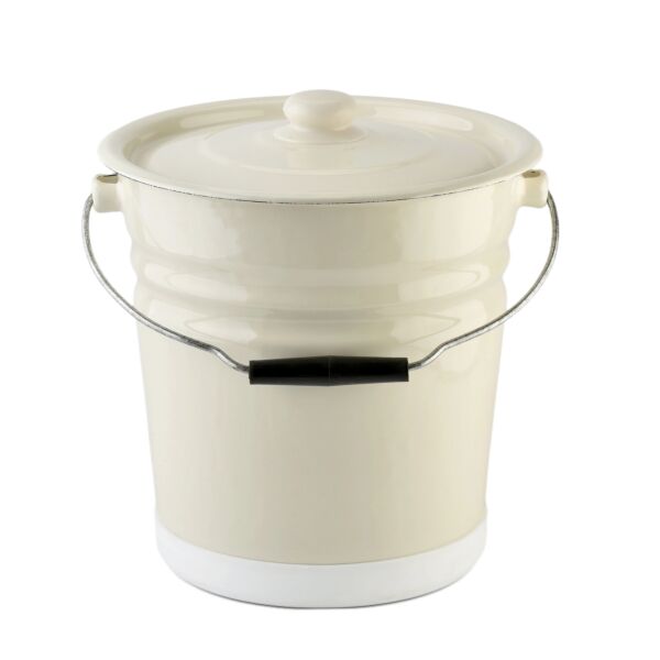 Ivory Enamel Steel Bucket with Lid and Bottom Protection 12.7-qt
