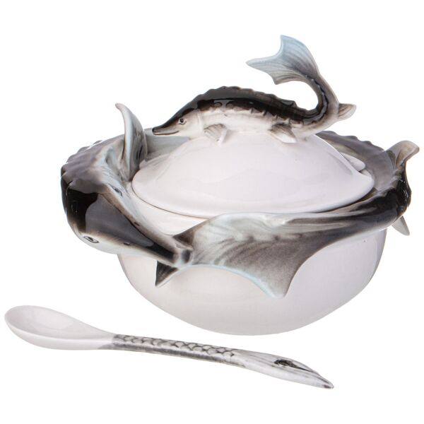 Sturgeon Porcelain Caviar Dish with Lid and Spoon
