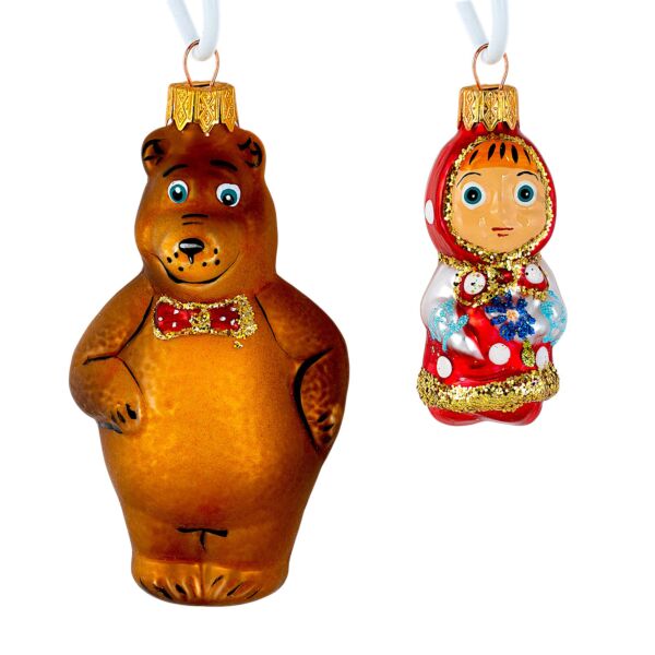 Bear and Girl Glass Christmas Ornament Set of 2