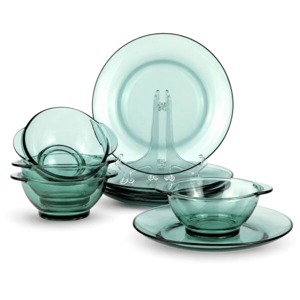 Borosilicate glass dessert plates and bowls, green color, Set of 8