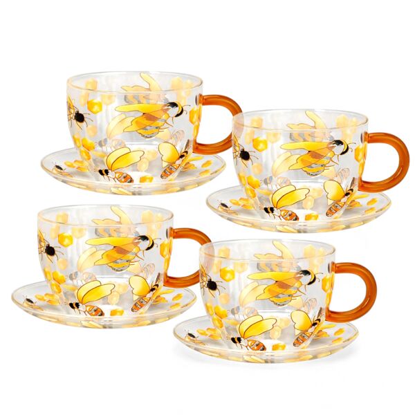 Honey Bee Heat-Resistant Glass Teacup and Saucer Set of 4