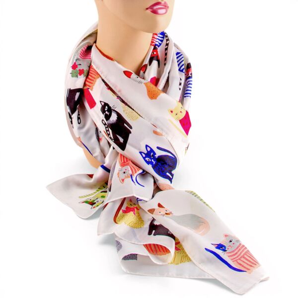 Double-Sided Silk Feeling Shawl Cats on White