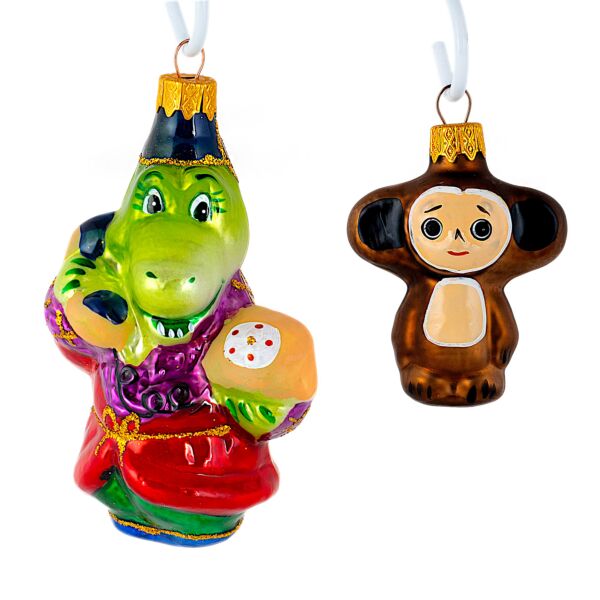 Crocodile Gene and Cheburashka Glass Ornament Set of 2