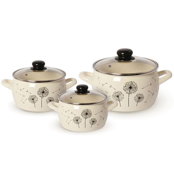Dandelions Vintage Enamel Casserole Set with Glass Lids